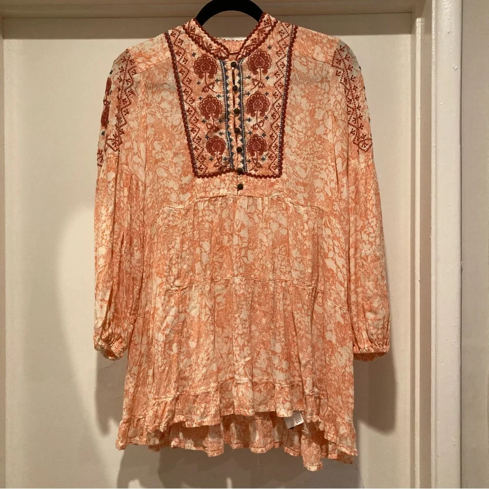 by Anthropologie Claudia Embroidered Babydoll Tunic Top Puff Sleeve